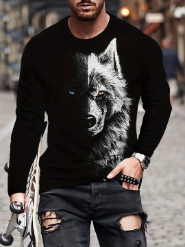 Splicing Wolf Face Men's Long Sleeve T-shirt - Stylish Graphic Tee for Spring and Fall