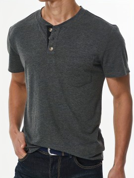 Men's Slim Fit Short Sleeve Henley Tee with Chest Pocket - Casual Button Down T-Shirt