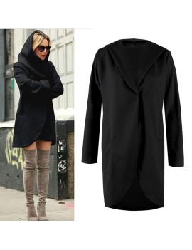 Autumn Winter Women Long Sleeve Long Coat Woolen Hooded Outerwear Overcoat