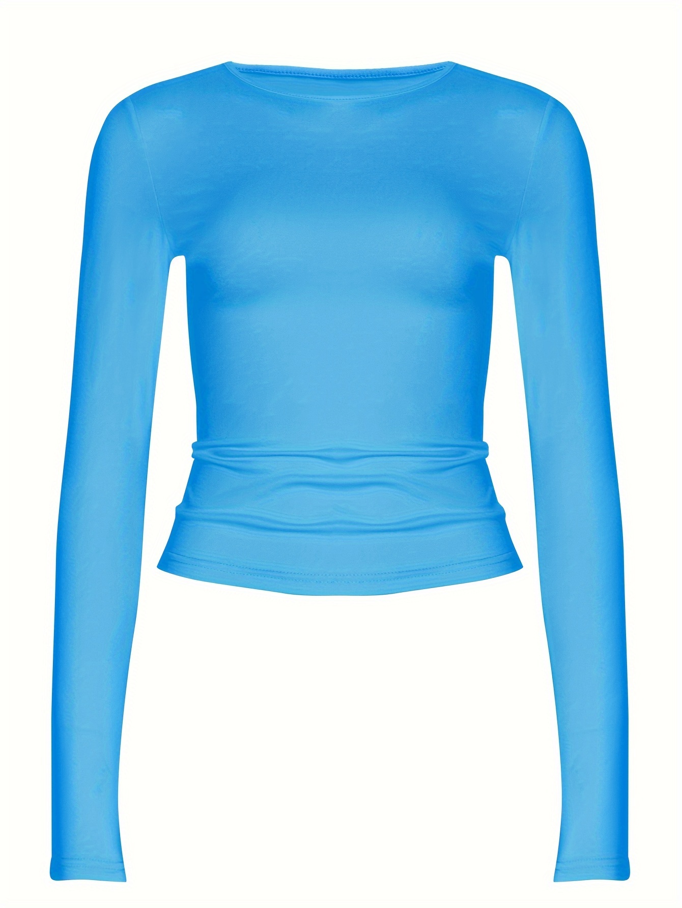 solid color casual t shirt crew neck long sleeves slight stretch sports tee womens tops details 30