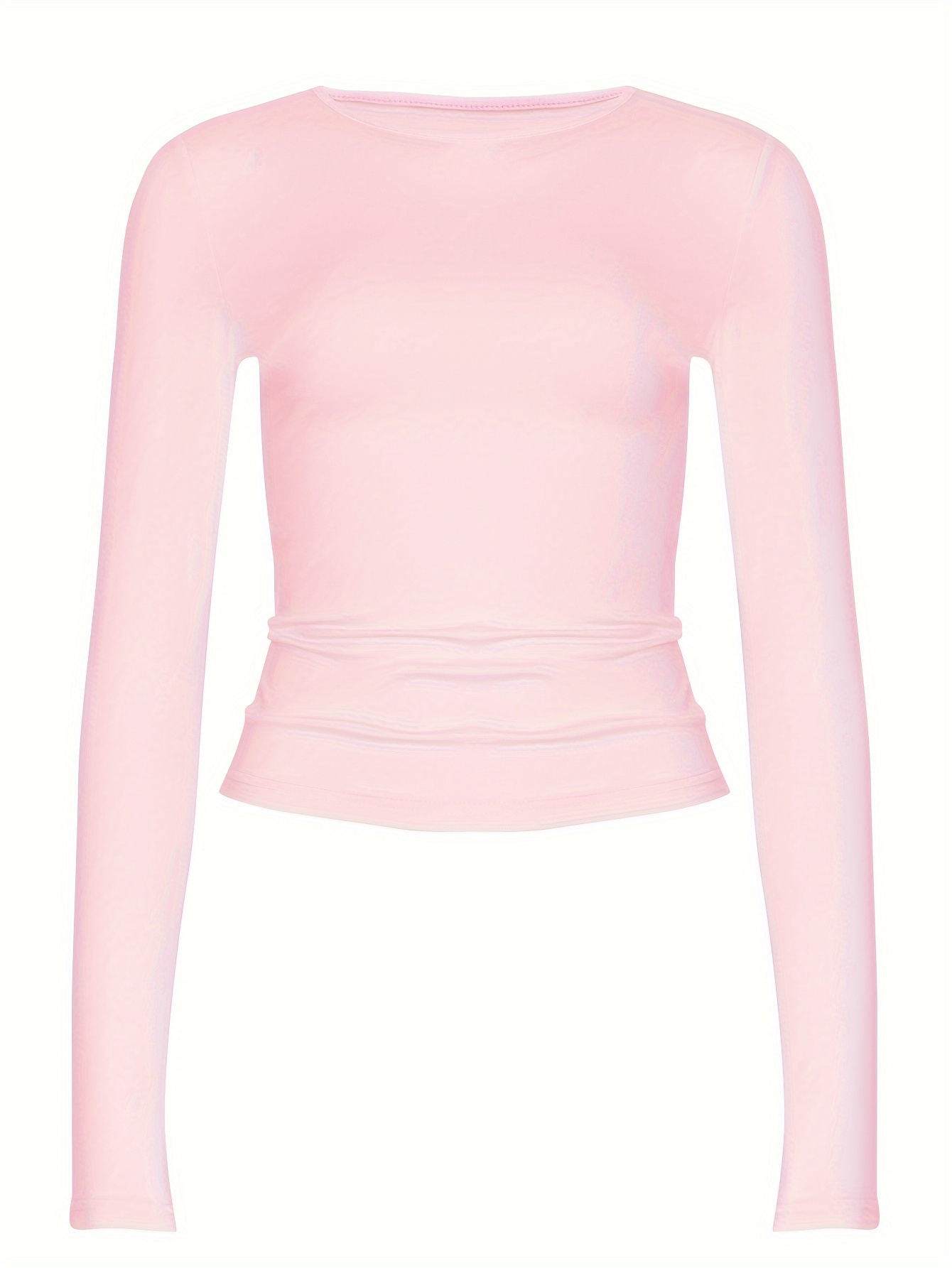 solid color casual t shirt crew neck long sleeves slight stretch sports tee womens tops details 65